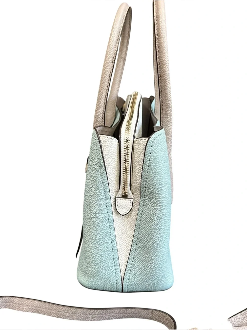 Kate Spade Margaux Medium Pebbled Cloud Mist Leather Satchel Gray Accents